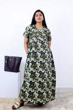 MANGAI Cotton Printed Pleated Nighties - All Over Printed Stylish Nighties | Side Cut Pocket | Front Open Zipper Type | Beautiful Nighties for Stylish Women's (SLB-P)