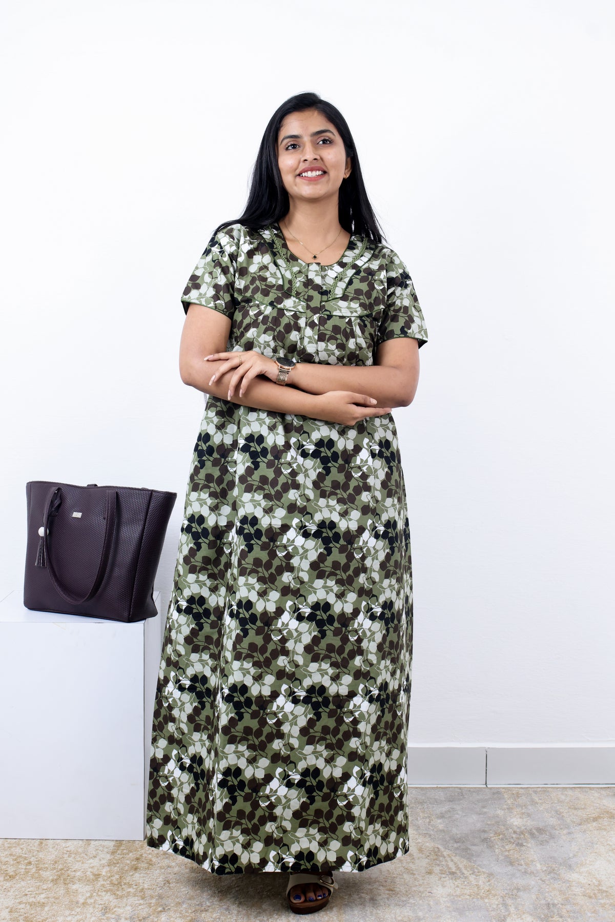 MANGAI Premium Cotton Printed Pleated Model Half Sleeve 3XL Size Nighties - Fancy Neck | With Side Pocket |Shrinkage Free Nighties | Trendy Collection's for Stylish Women's (3PZZ)