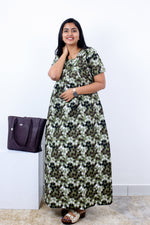 MANGAI Cotton Printed Pleated Nighties - All Over Printed Stylish Nighties | Side Cut Pocket | Front Open Zipper Type | Beautiful Nighties for Stylish Women's (SLB-P)