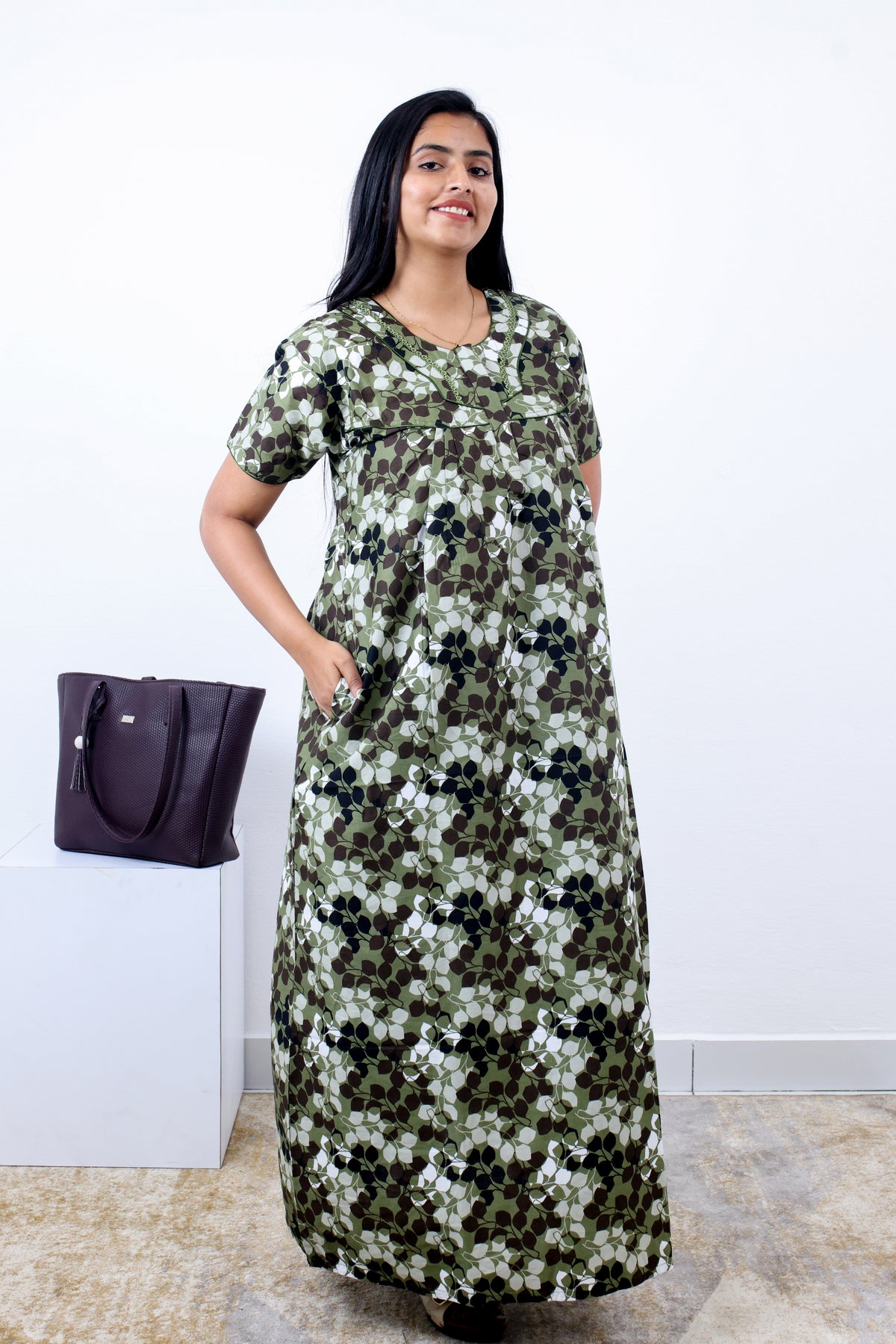MANGAI Cotton Printed Pleated Nighties - All Over Printed Stylish Nighties | Side Cut Pocket | Front Open Zipper Type | Beautiful Nighties for Stylish Women's (SLB-P)