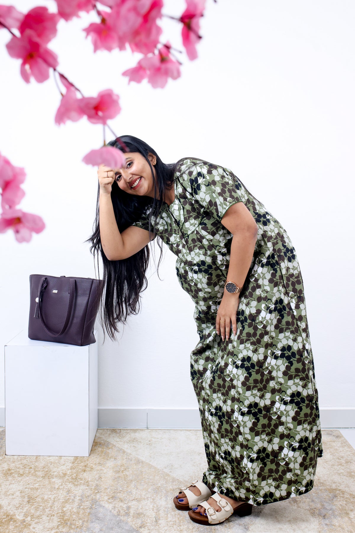MANGAI Cotton Printed Pleated Nighties - All Over Printed Stylish Nighties | Side Cut Pocket | Front Open Zipper Type | Beautiful Nighties for Stylish Women's (SLB-P)