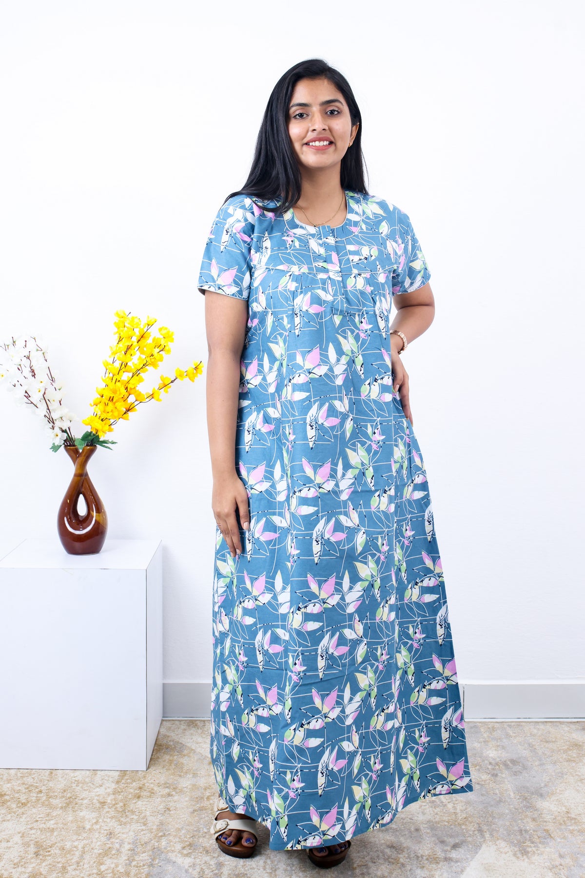 MANGAI Cotton Printed Pleated Nighties - All Over Printed Stylish Nighties | Side Cut Pocket | Front Open Zipper Type | Beautiful Nighties for Stylish Women's (SLB-P)