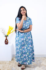 MANGAI Cotton Printed Pleated Nighties - All Over Printed Stylish Nighties | Side Cut Pocket | Front Open Zipper Type | Beautiful Nighties for Stylish Women's (SLB-P)