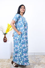 MANGAI Cotton Printed Pleated Nighties - All Over Printed Stylish Nighties | Side Cut Pocket | Front Open Zipper Type | Beautiful Nighties for Stylish Women's (SLB-P)
