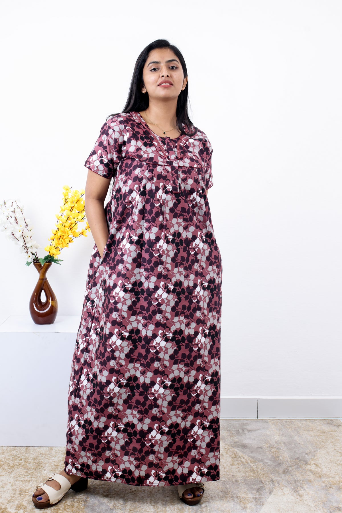 MANGAI Premium Cotton Printed Pleated Model Half Sleeve 3XL Size Nighties - Fancy Neck | With Side Pocket |Shrinkage Free Nighties | Trendy Collection's for Stylish Women's (3PZZ)