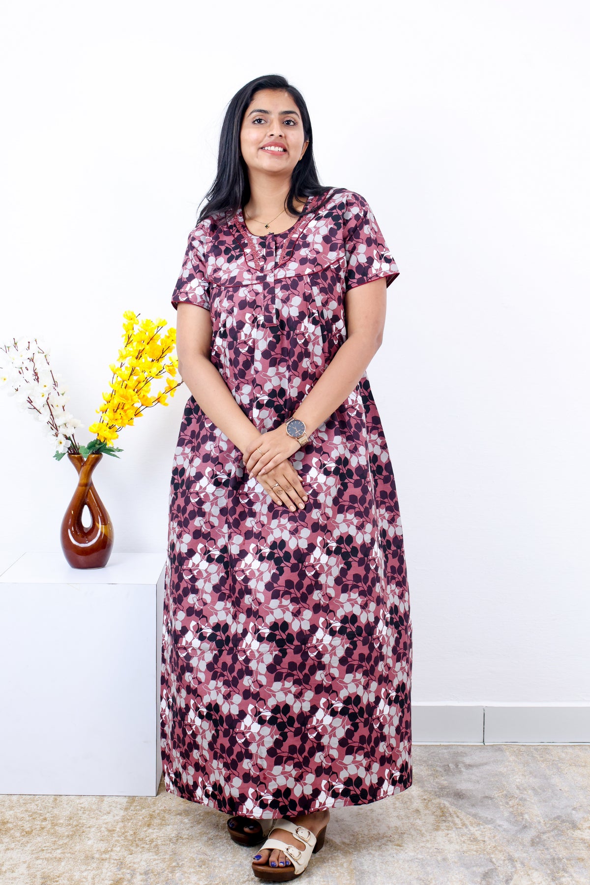 MANGAI Cotton Printed Pleated Nighties - All Over Printed Stylish Nighties | Side Cut Pocket | Front Open Zipper Type | Beautiful Nighties for Stylish Women's (SLB-P)