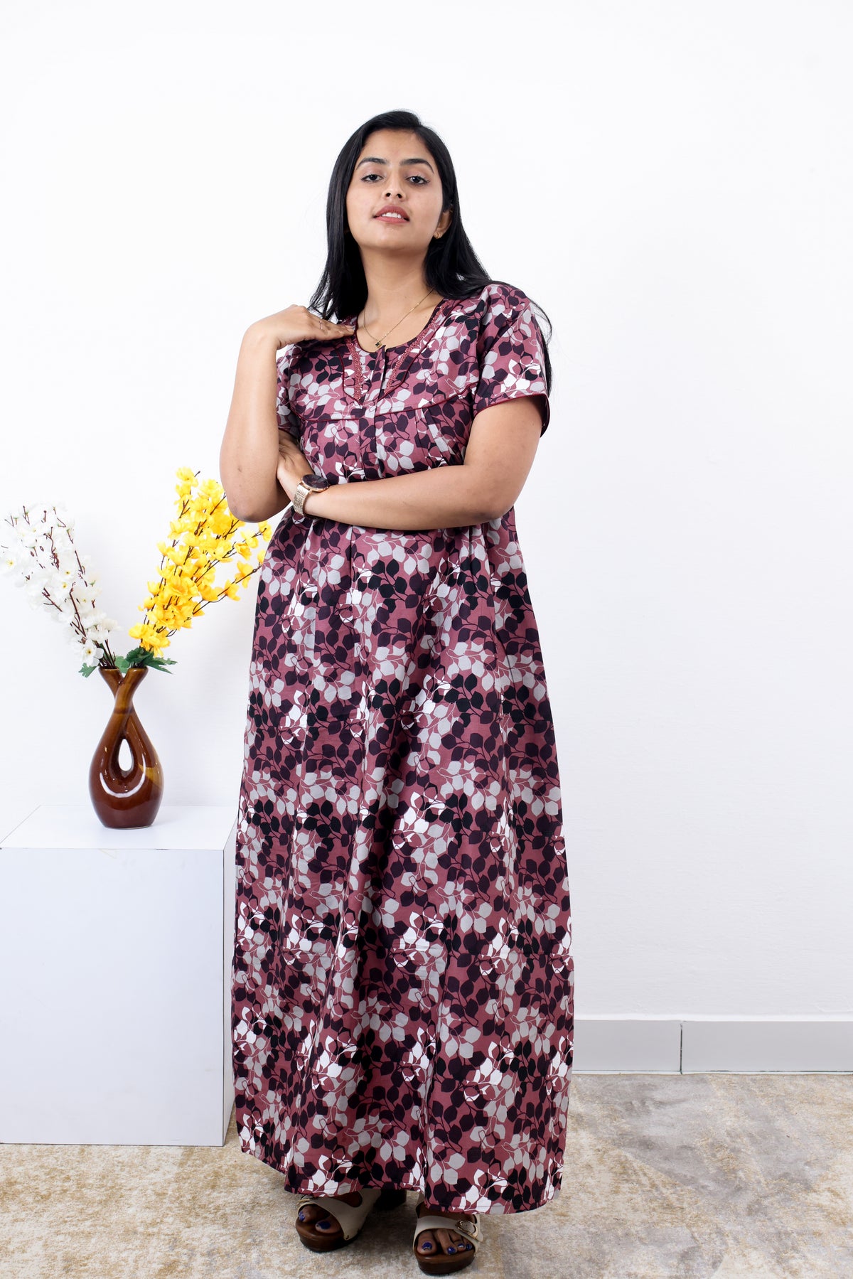 MANGAI Premium Cotton Printed Pleated Model Half Sleeve 3XL Size Nighties - Fancy Neck | With Side Pocket |Shrinkage Free Nighties | Trendy Collection's for Stylish Women's (3PZZ)