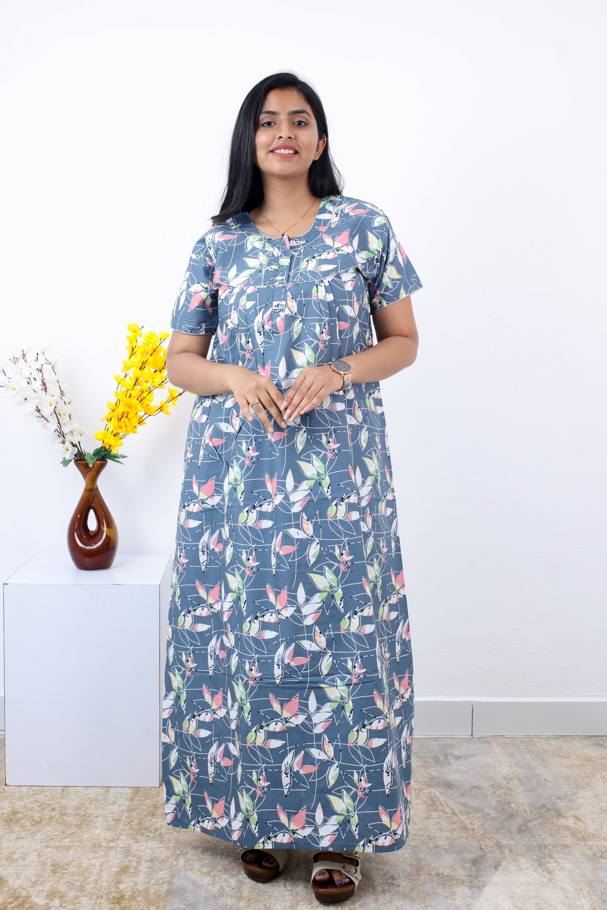 MANGAI Premium Cotton Printed Pleated Model Half Sleeve 3XL Size Nighties - Fancy Neck | With Side Pocket |Shrinkage Free Nighties | Trendy Collection's for Stylish Women's (3PZZ)