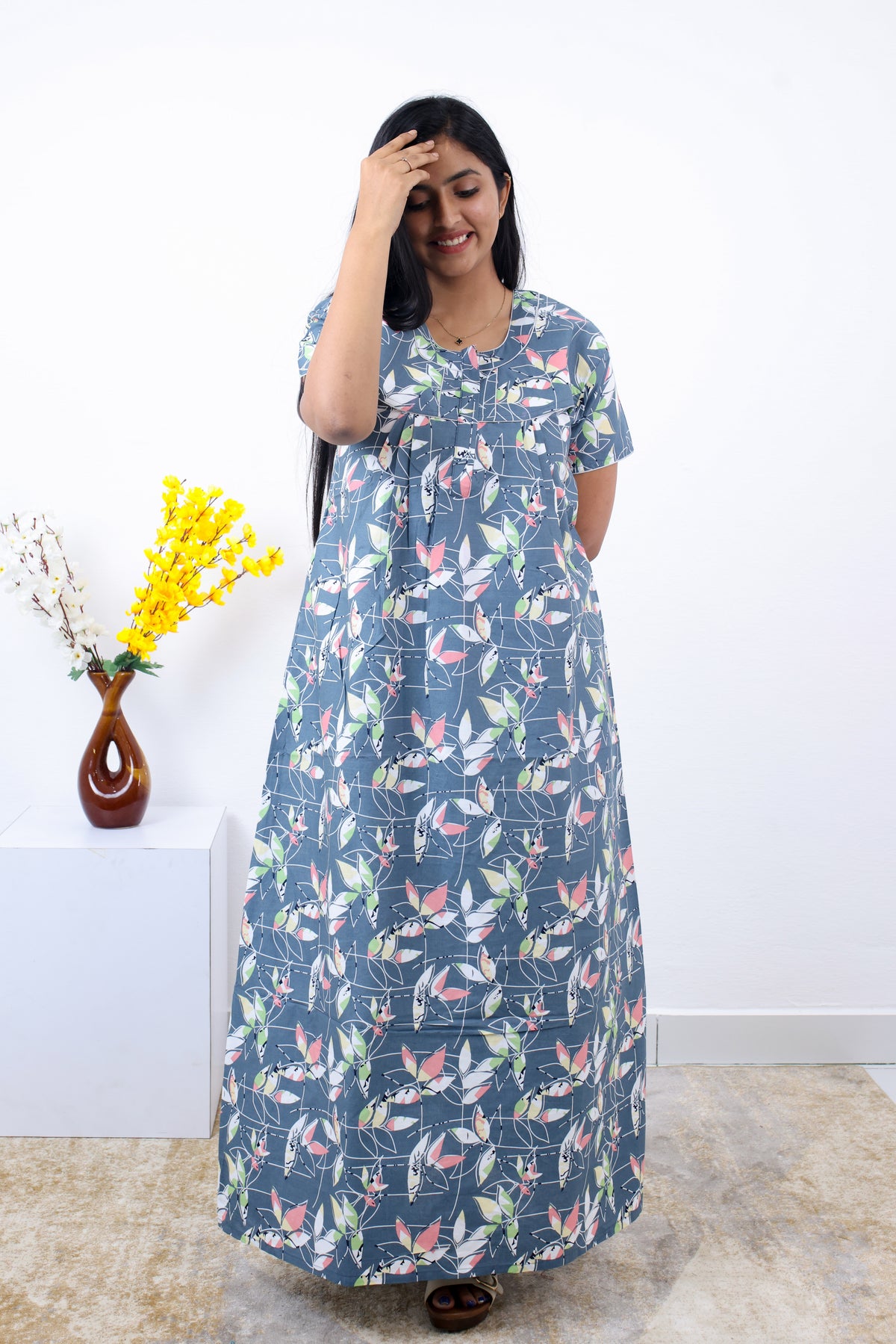 MANGAI Premium Cotton Printed Pleated Model Half Sleeve 3XL Size Nighties - Fancy Neck | With Side Pocket |Shrinkage Free Nighties | Trendy Collection's for Stylish Women's (3PZZ)