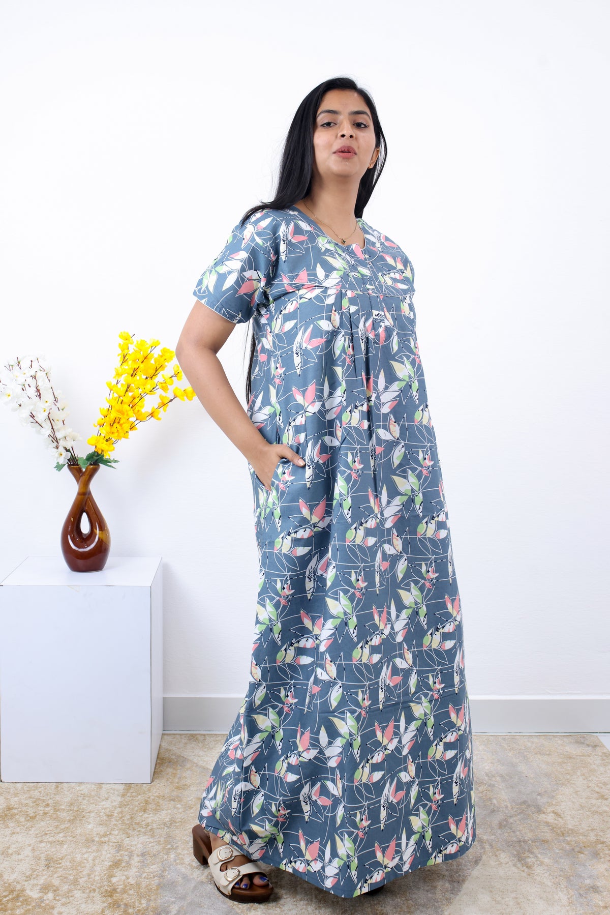 MANGAI Premium Cotton Printed Pleated Model Half Sleeve 3XL Size Nighties - Fancy Neck | With Side Pocket |Shrinkage Free Nighties | Trendy Collection's for Stylish Women's (3PZZ)