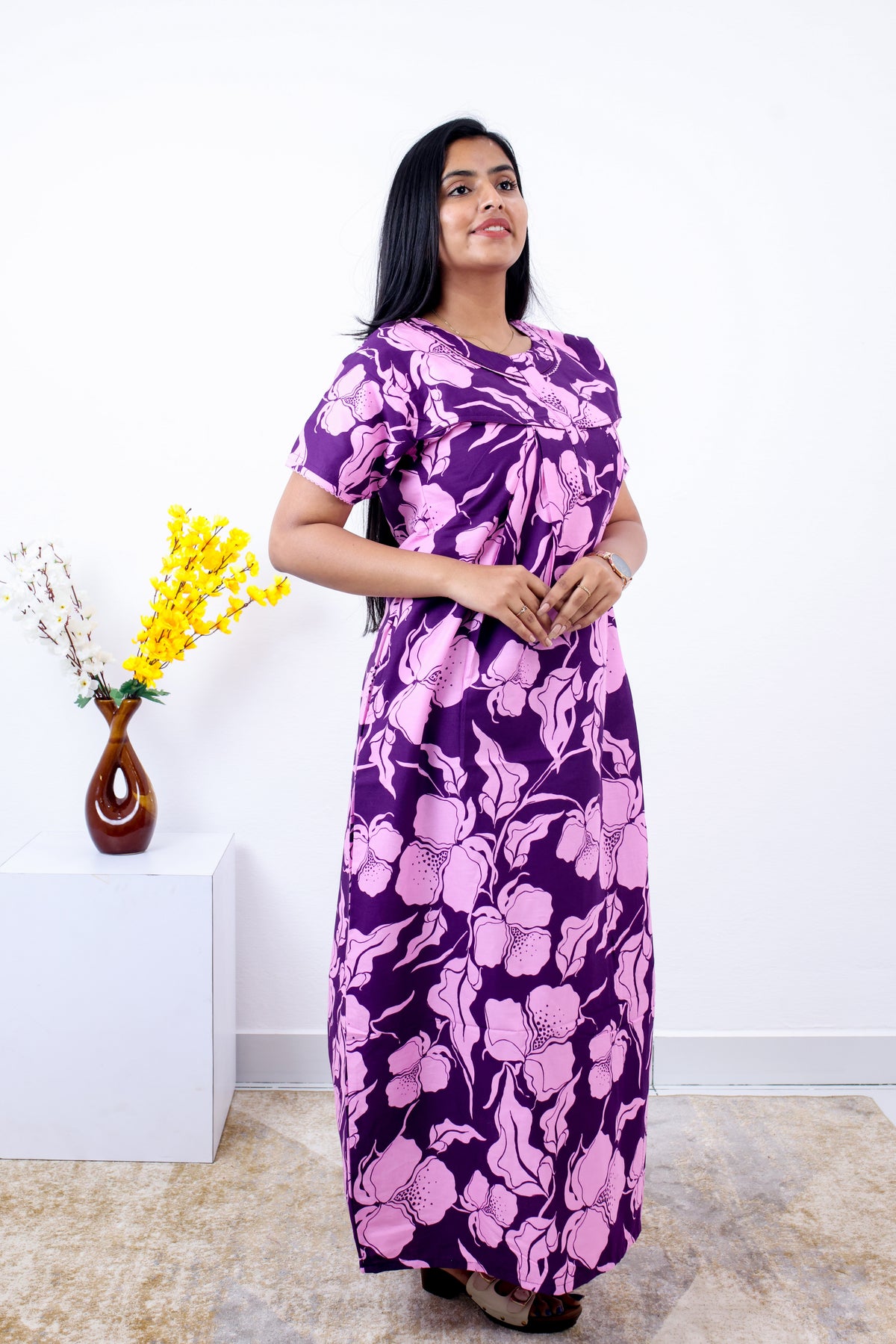 MANGAI Cotton Printed Pleated Nighties - All Over Printed Stylish Nighties | Side Cut Pocket | Front Open Zipper Type | Beautiful Nighties for Stylish Women's (SLB-P)
