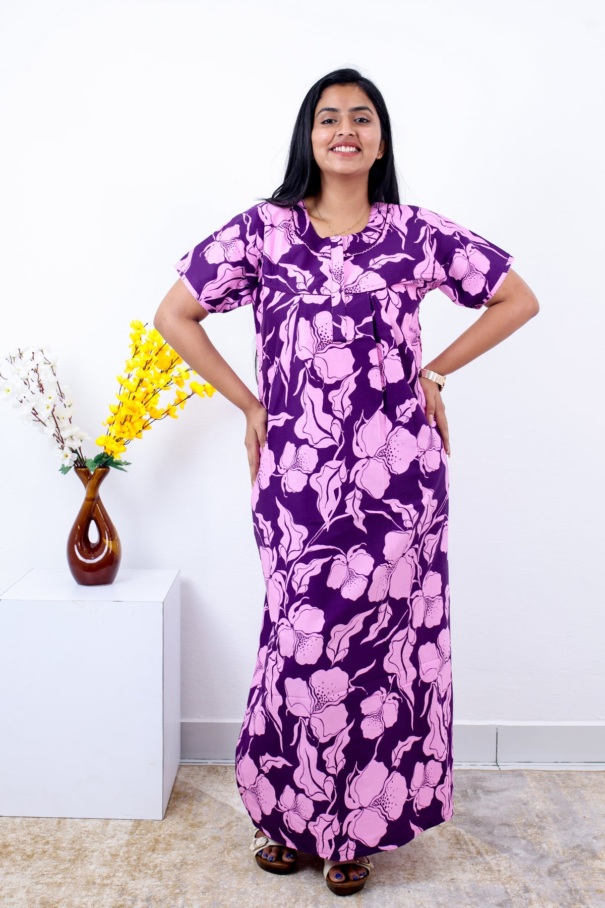 MANGAI Cotton Printed Pleated Nighties - All Over Printed Stylish Nighties | Side Cut Pocket | Front Open Zipper Type | Beautiful Nighties for Stylish Women's (SLB-P)