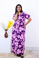 MANGAI Cotton Printed Pleated Nighties - All Over Printed Stylish Nighties | Side Cut Pocket | Front Open Zipper Type | Beautiful Nighties for Stylish Women's (SLB-P)