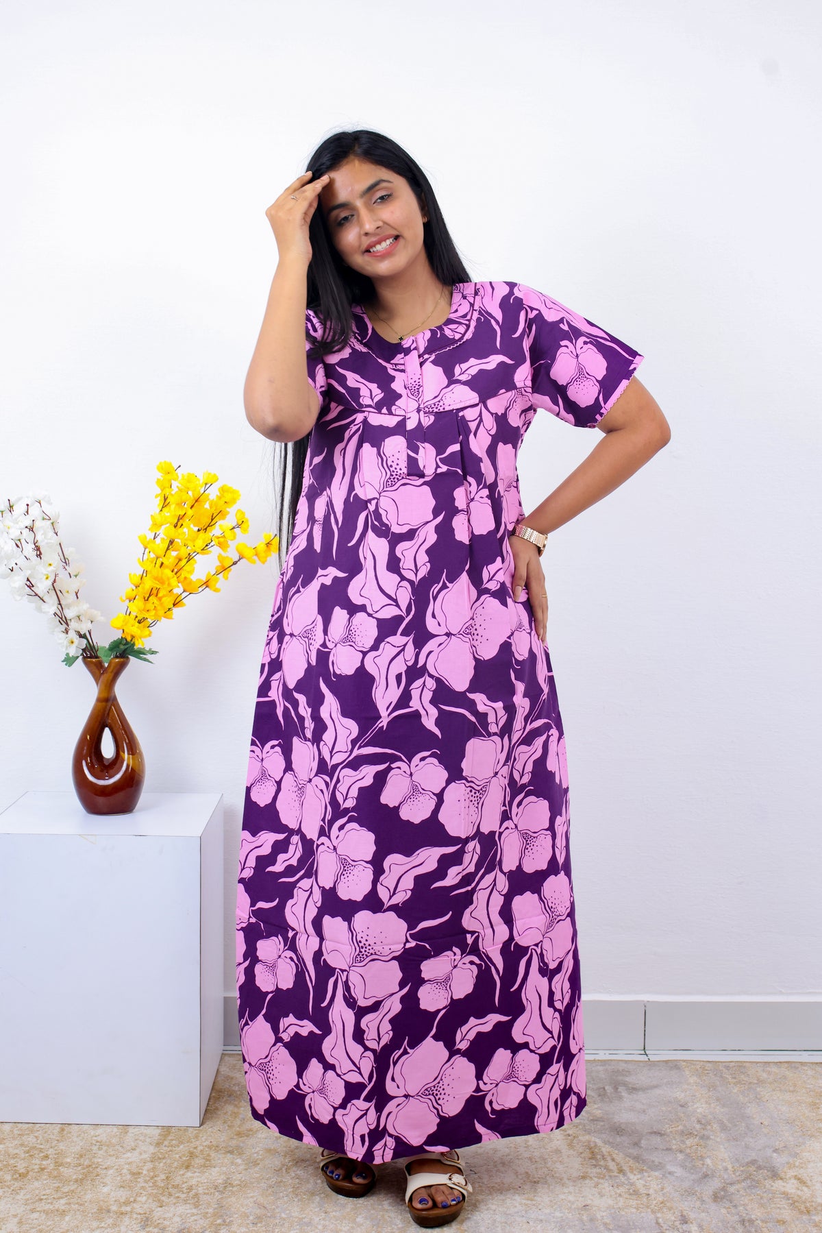 MANGAI Premium Cotton Printed Pleated Model Half Sleeve 3XL Size Nighties - Fancy Neck | With Side Pocket |Shrinkage Free Nighties | Trendy Collection's for Stylish Women's (3PZZ)