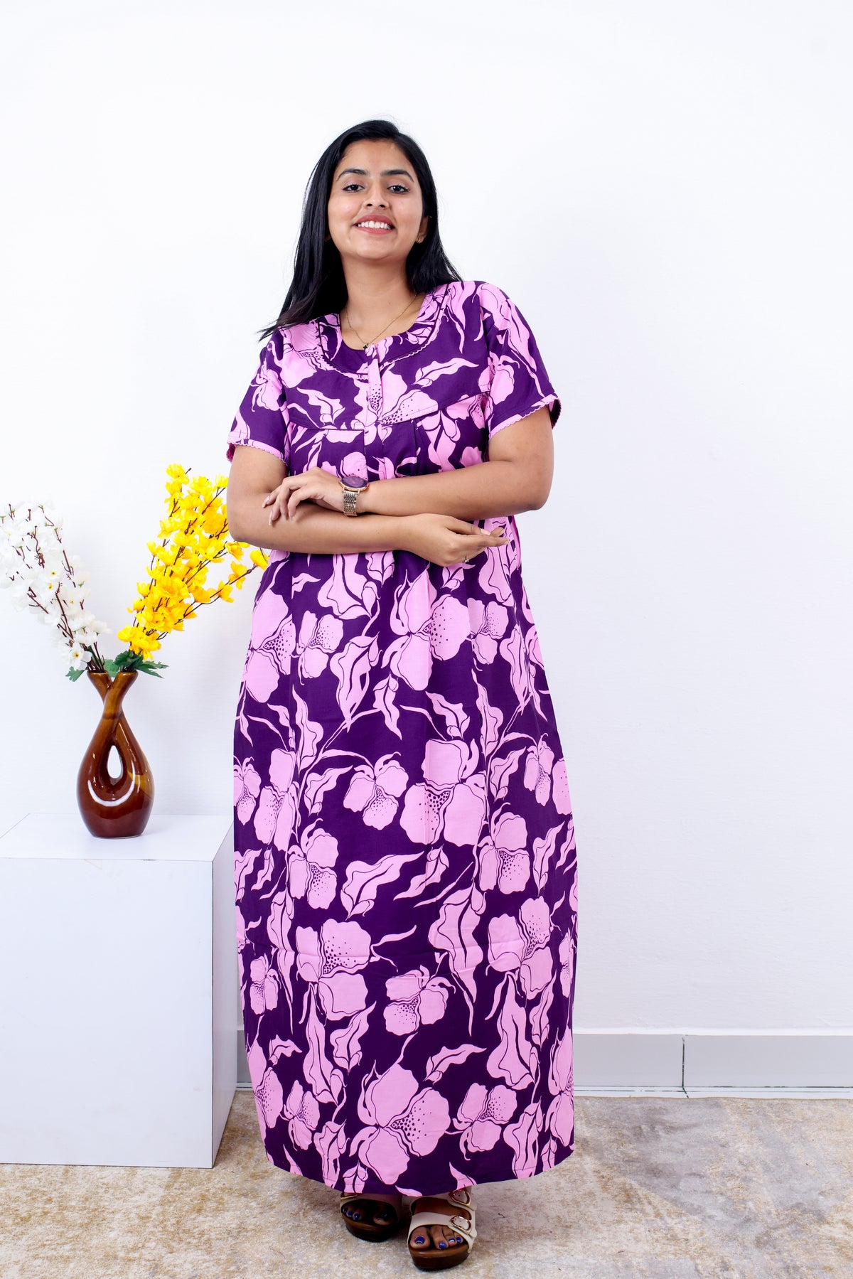 MANGAI Cotton Printed Pleated Nighties - All Over Printed Stylish Nighties | Side Cut Pocket | Front Open Zipper Type | Beautiful Nighties for Stylish Women's (SLB-P)