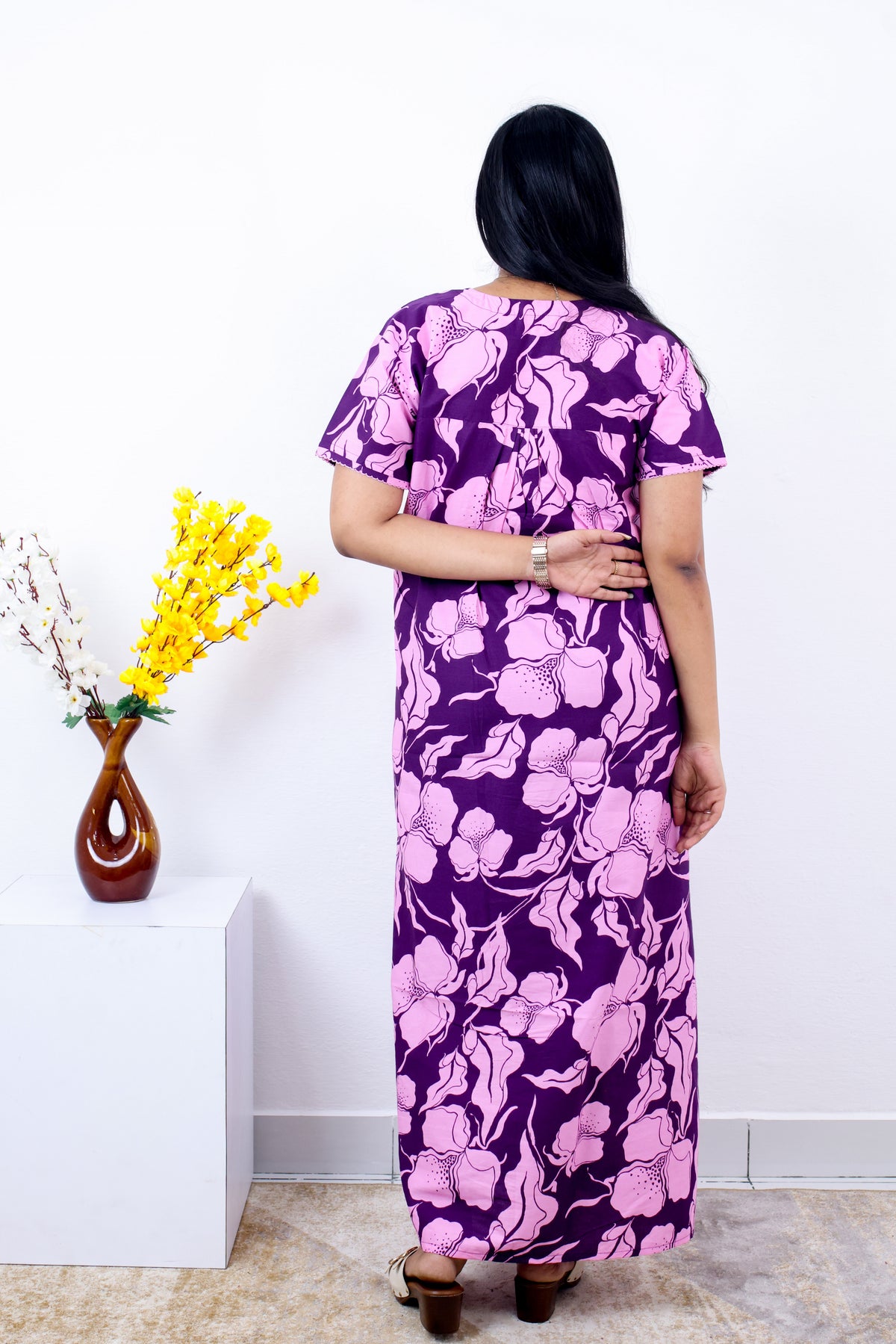MANGAI Cotton Printed Pleated Nighties - All Over Printed Stylish Nighties | Side Cut Pocket | Front Open Zipper Type | Beautiful Nighties for Stylish Women's (SLB-P)