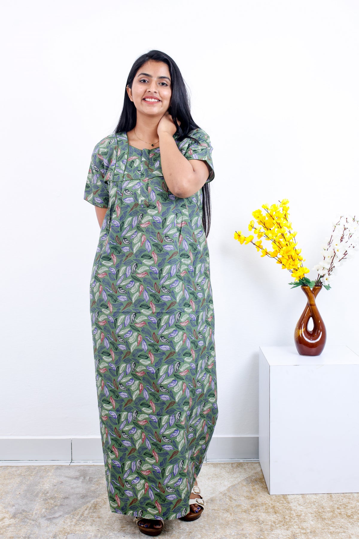 MANGAI Premium Cotton Printed Pleated Model Half Sleeve 3XL Size Nighties - Fancy Neck | With Side Pocket |Shrinkage Free Nighties | Trendy Collection's for Stylish Women's (3PZZ)