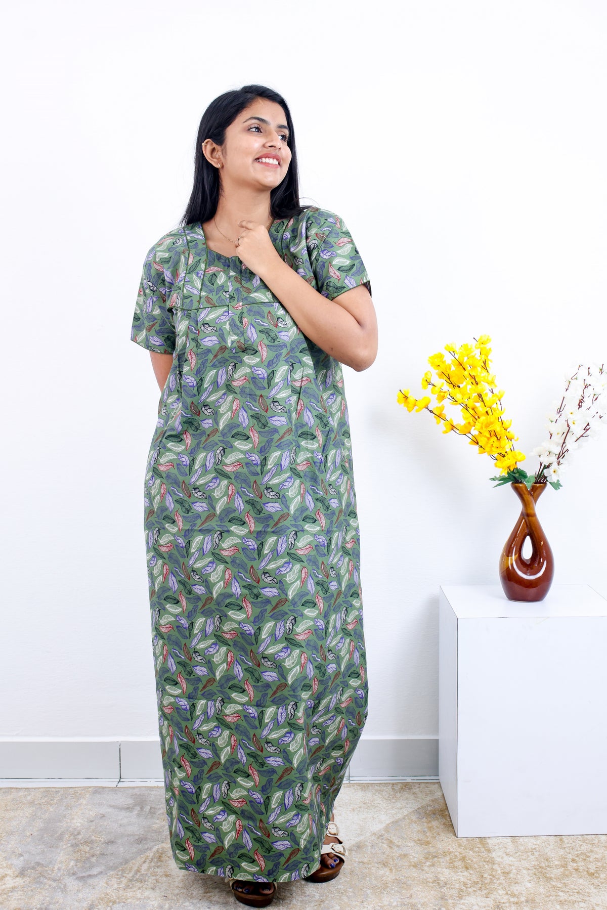 MANGAI Premium Cotton Printed Pleated Model Half Sleeve 3XL Size Nighties - Fancy Neck | With Side Pocket |Shrinkage Free Nighties | Trendy Collection's for Stylish Women's (3PZZ)