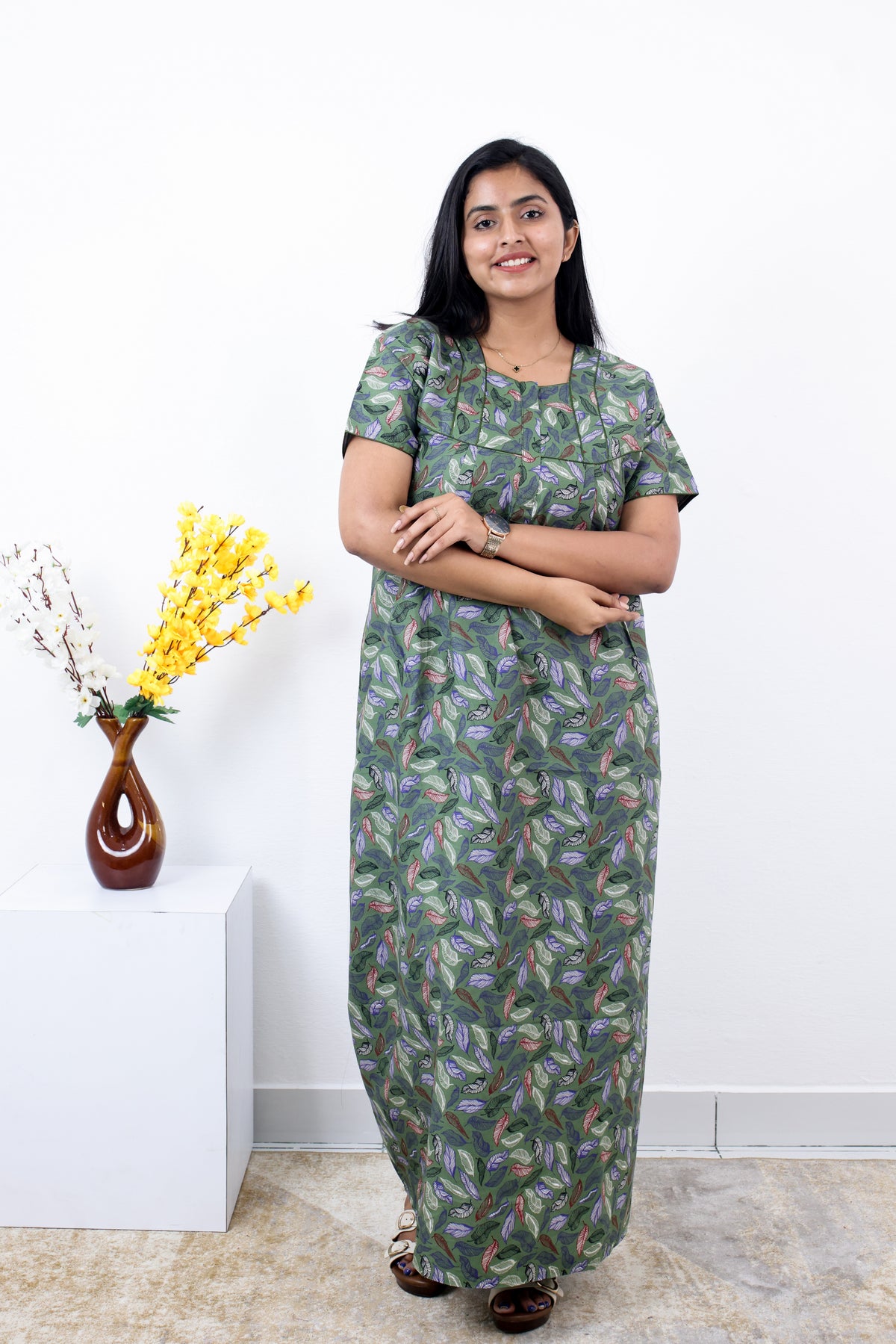 MANGAI Premium Cotton Printed Pleated Model Half Sleeve 3XL Size Nighties - Fancy Neck | With Side Pocket |Shrinkage Free Nighties | Trendy Collection's for Stylish Women's (3PZZ)