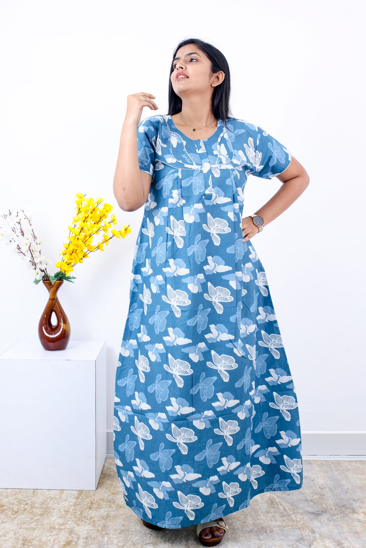 MANGAI Cotton Printed Pleated Nighties - All Over Printed Stylish Nighties | Side Cut Pocket | Front Open Zipper Type | Beautiful Nighties for Stylish Women's (SLB-P)