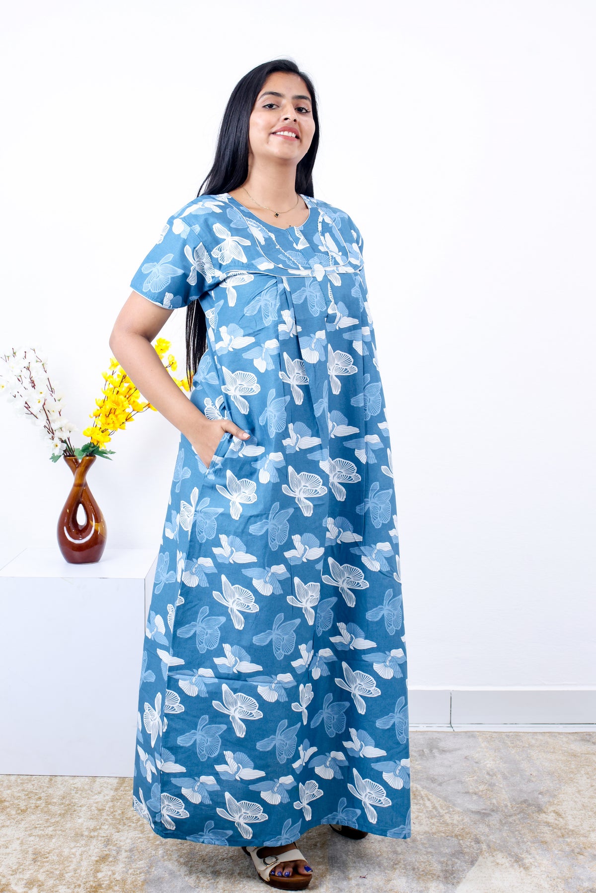 MANGAI Cotton Printed Pleated Nighties - All Over Printed Stylish Nighties | Side Cut Pocket | Front Open Zipper Type | Beautiful Nighties for Stylish Women's (SLB-P)