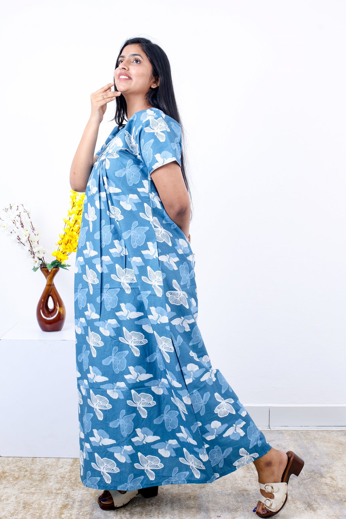 MANGAI Cotton Printed Pleated Nighties - All Over Printed Stylish Nighties | Side Cut Pocket | Front Open Zipper Type | Beautiful Nighties for Stylish Women's (SLB-P)