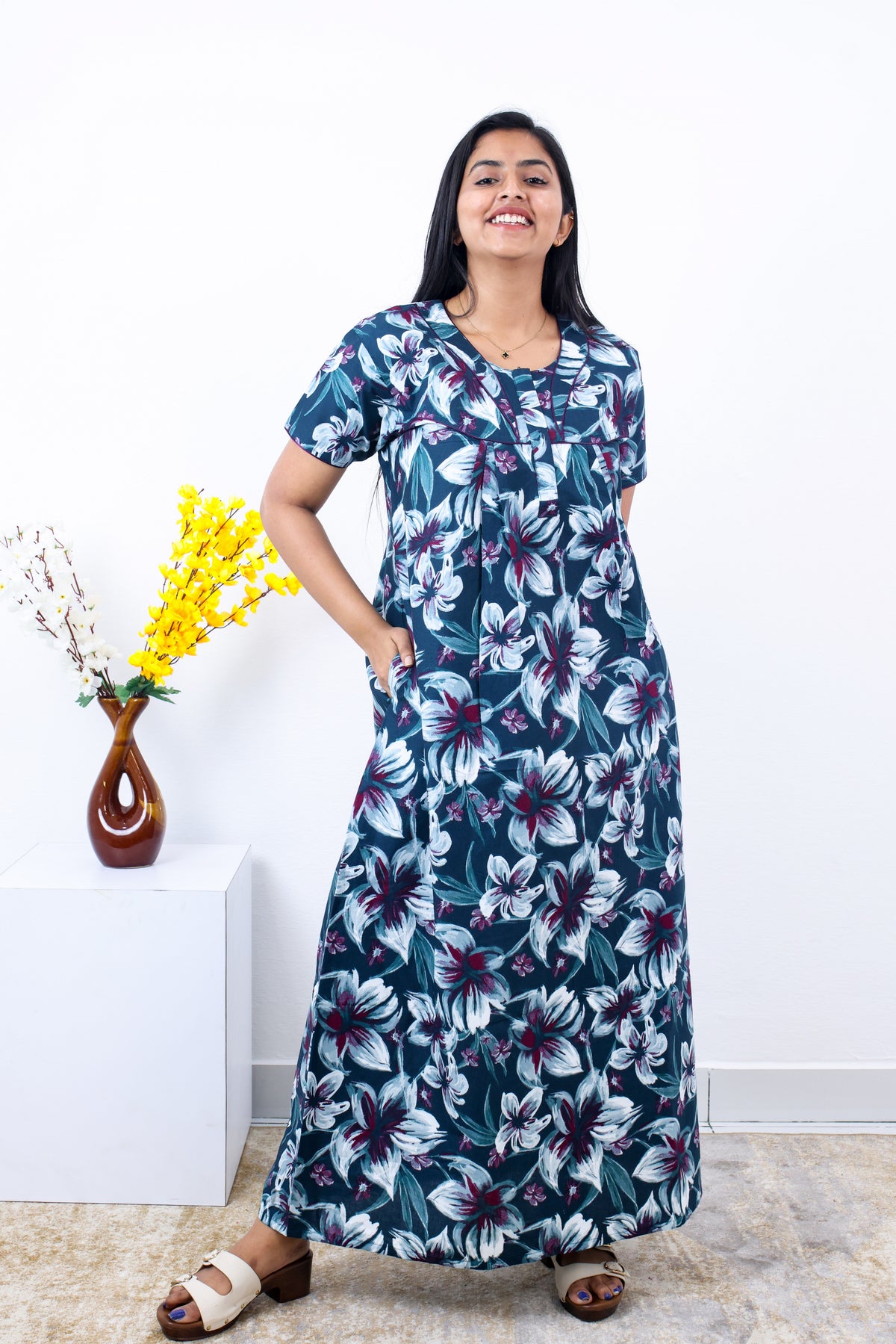 MANGAI Cotton Printed Pleated Nighties - All Over Printed Stylish Nighties | Side Cut Pocket | Front Open Zipper Type | Beautiful Nighties for Stylish Women's (SLB-P)