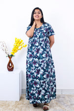 MANGAI Cotton Printed Pleated Nighties - All Over Printed Stylish Nighties | Side Cut Pocket | Front Open Zipper Type | Beautiful Nighties for Stylish Women's (SLB-P)