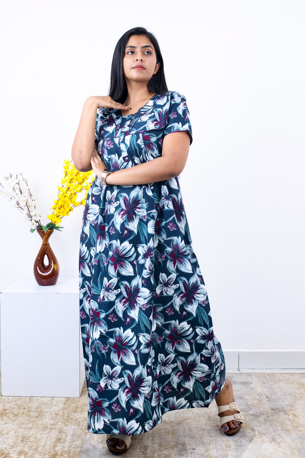 MANGAI Cotton Printed Pleated Nighties - All Over Printed Stylish Nighties | Side Cut Pocket | Front Open Zipper Type | Beautiful Nighties for Stylish Women's (SLB-P)