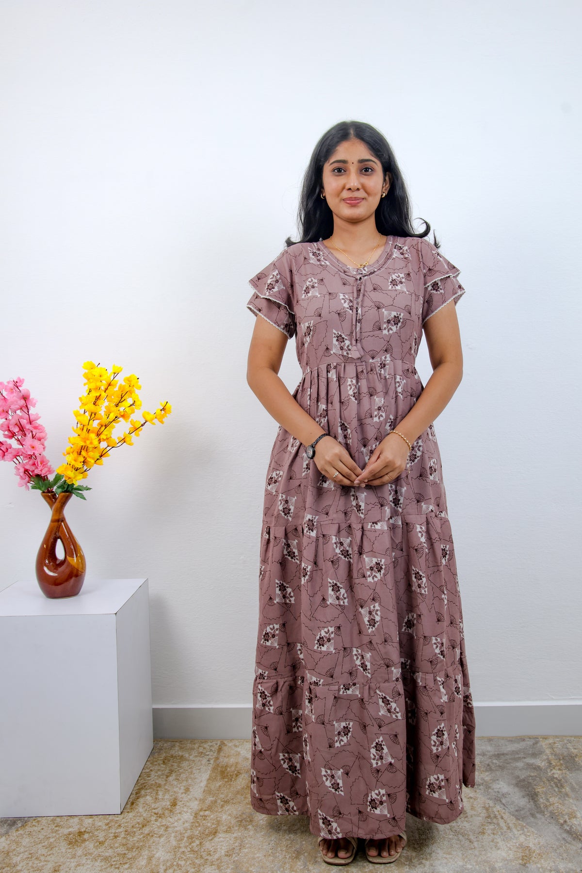 Stylish Alpine 3 Layer Frock Model Nighties| Fancy Sleeves & Neck Pattern| Side Pocket with Back Tie Rope | Perfect Nightwear Trendy Women's (AFK)