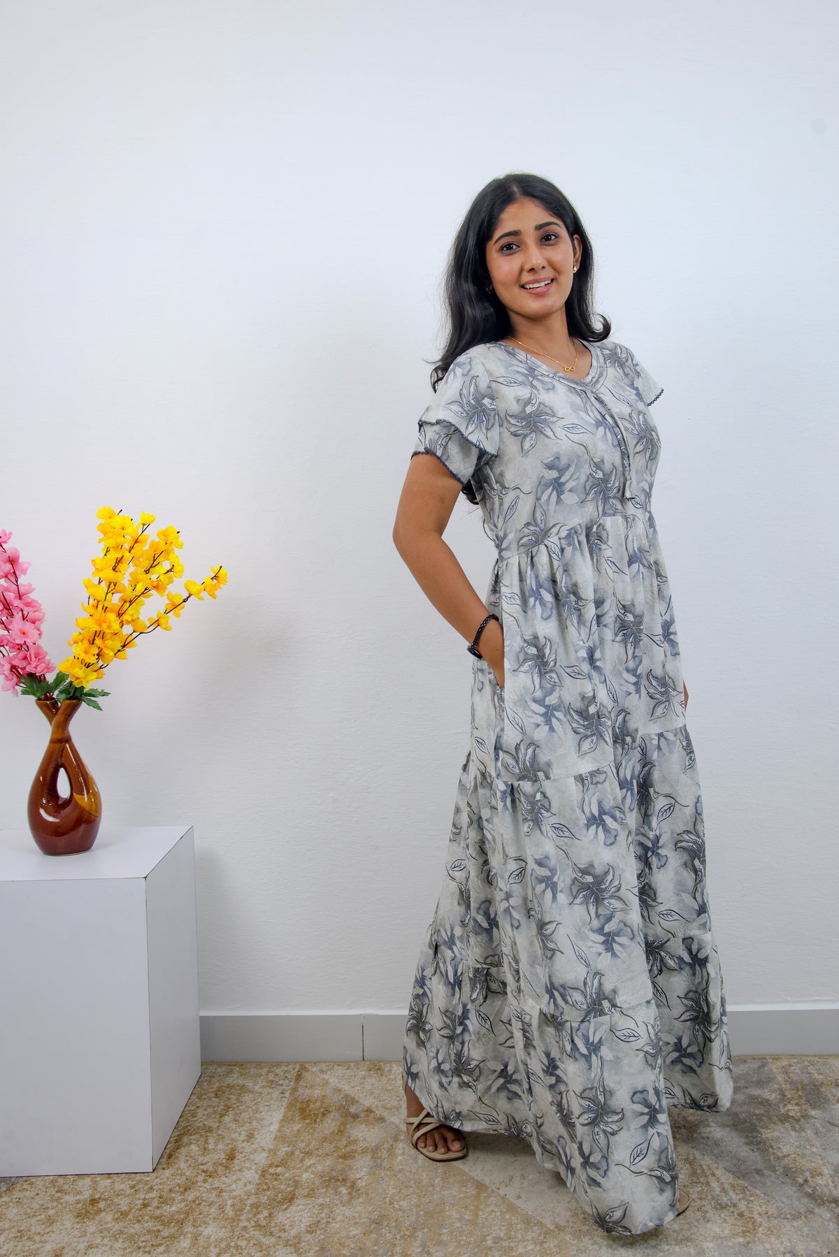 Stylish Alpine 3 Layer Frock Model Nighties| Fancy Sleeves & Neck Pattern| Side Pocket with Back Tie Rope | Perfect Nightwear Trendy Women's (AFK)