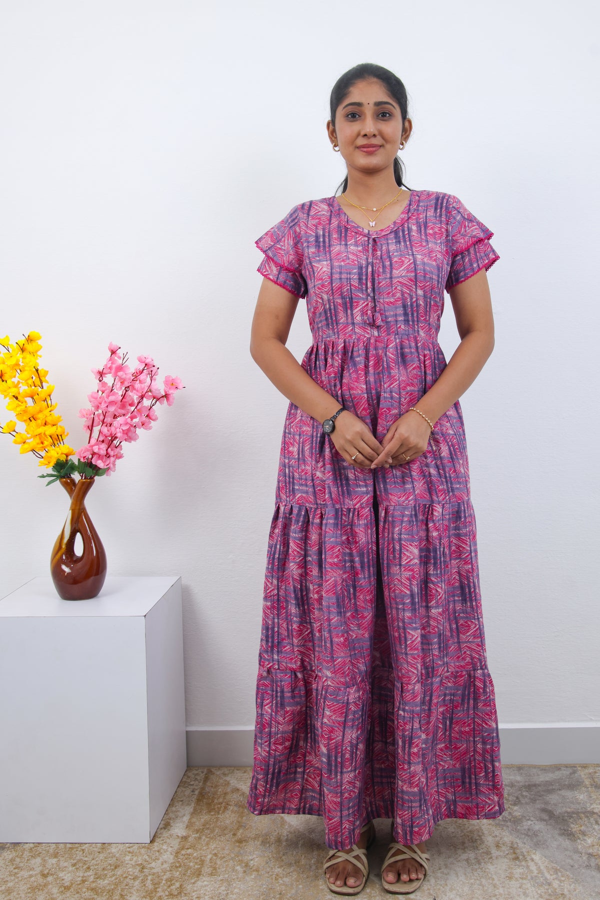 Stylish Alpine 3 Layer Frock Model Nighties| Fancy Sleeves & Neck Pattern| Side Pocket with Back Tie Rope | Perfect Nightwear Trendy Women's (AFK)