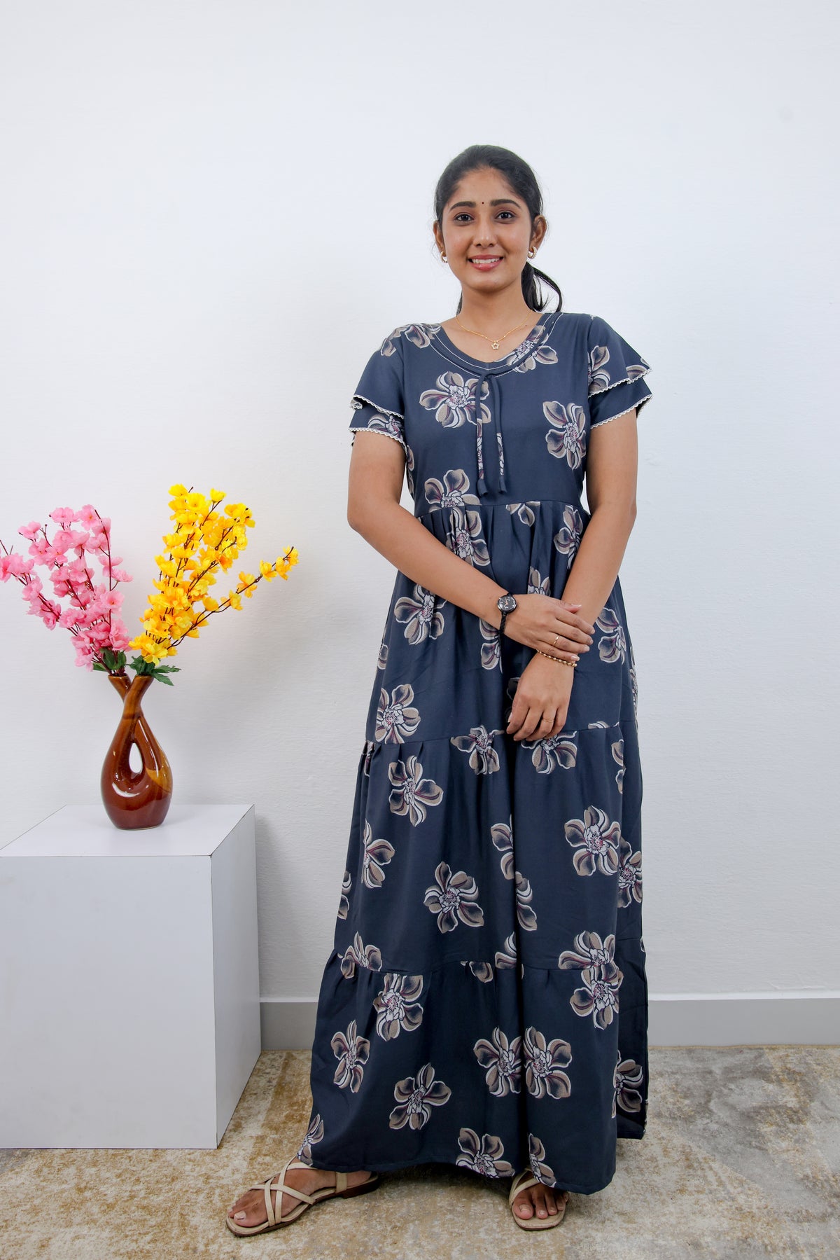 Stylish Alpine 3 Layer Frock Model Nighties| Fancy Sleeves & Neck Pattern| Side Pocket with Back Tie Rope | Perfect Nightwear Trendy Women's (AFK)