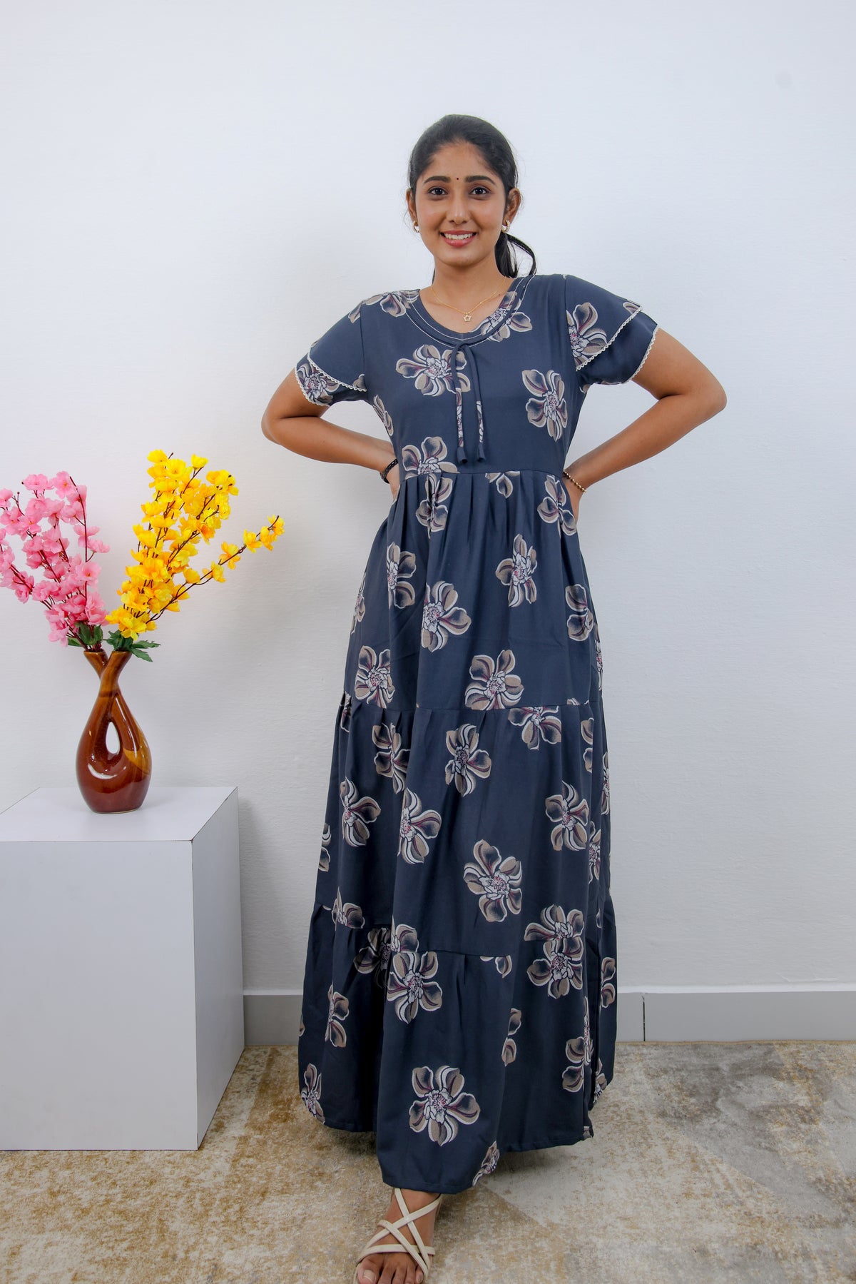 Stylish Alpine 3 Layer Frock Model Nighties| Fancy Sleeves & Neck Pattern| Side Pocket with Back Tie Rope | Perfect Nightwear Trendy Women's (AFK)