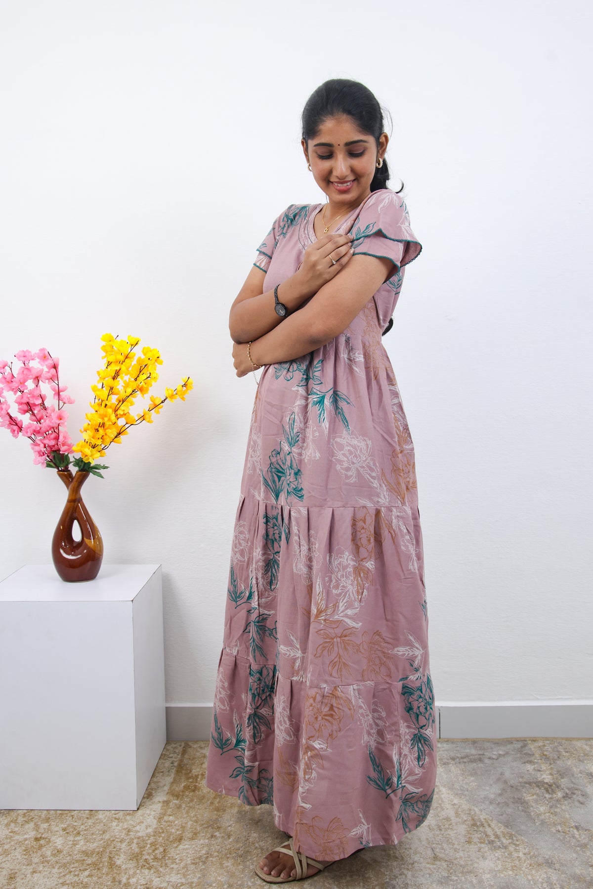 Stylish Alpine 3 Layer Frock Model Nighties| Fancy Sleeves & Neck Pattern| Side Pocket with Back Tie Rope | Perfect Nightwear Trendy Women's (AFK)