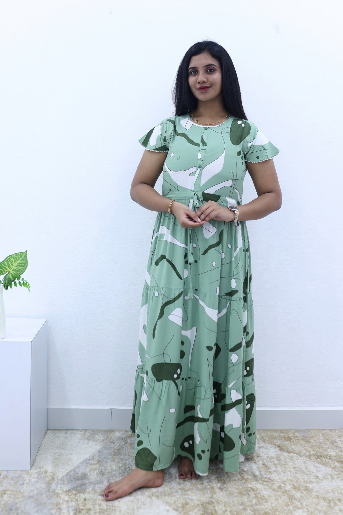 Imported Rayon Gathering Frock Model Night Gown's | Front Adjustable Gathering Style Rope Rope | Front Closed Button | Double Layer Sleeve | Trending Collection's for Stylish Women's (IRF)