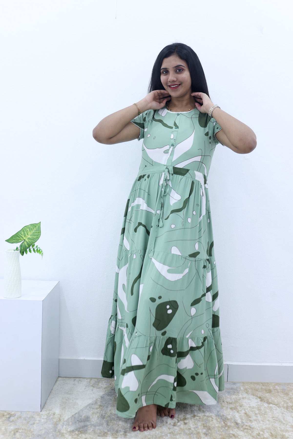 Imported Rayon Gathering Frock Model Night Gown's | Front Adjustable Gathering Style Rope Rope | Front Closed Button | Double Layer Sleeve | Trending Collection's for Stylish Women's (IRF)