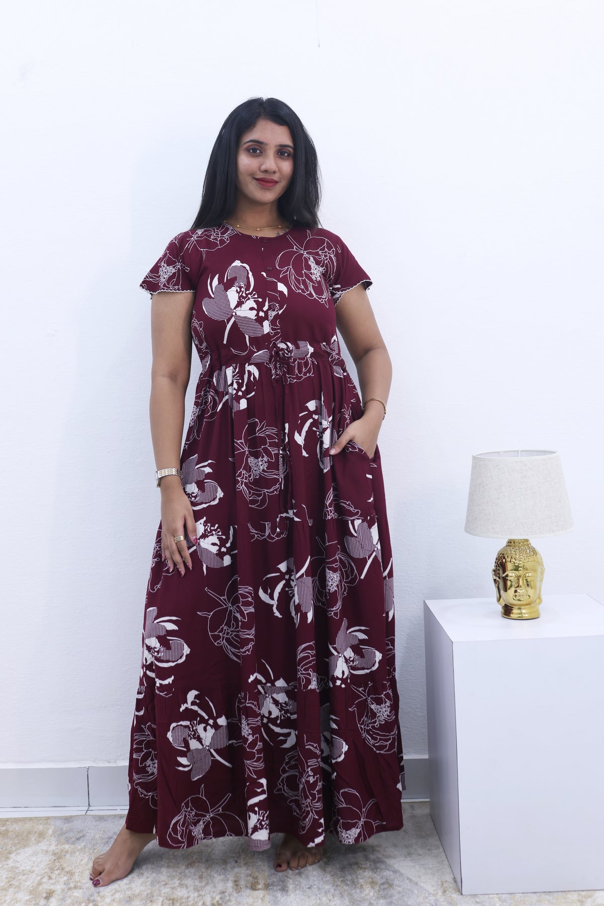 Imported Rayon Gathering Frock Model Night Gown's | Front Adjustable Gathering Style Rope Rope | Front Closed Button | Double Layer Sleeve | Trending Collection's for Stylish Women's (IRF)