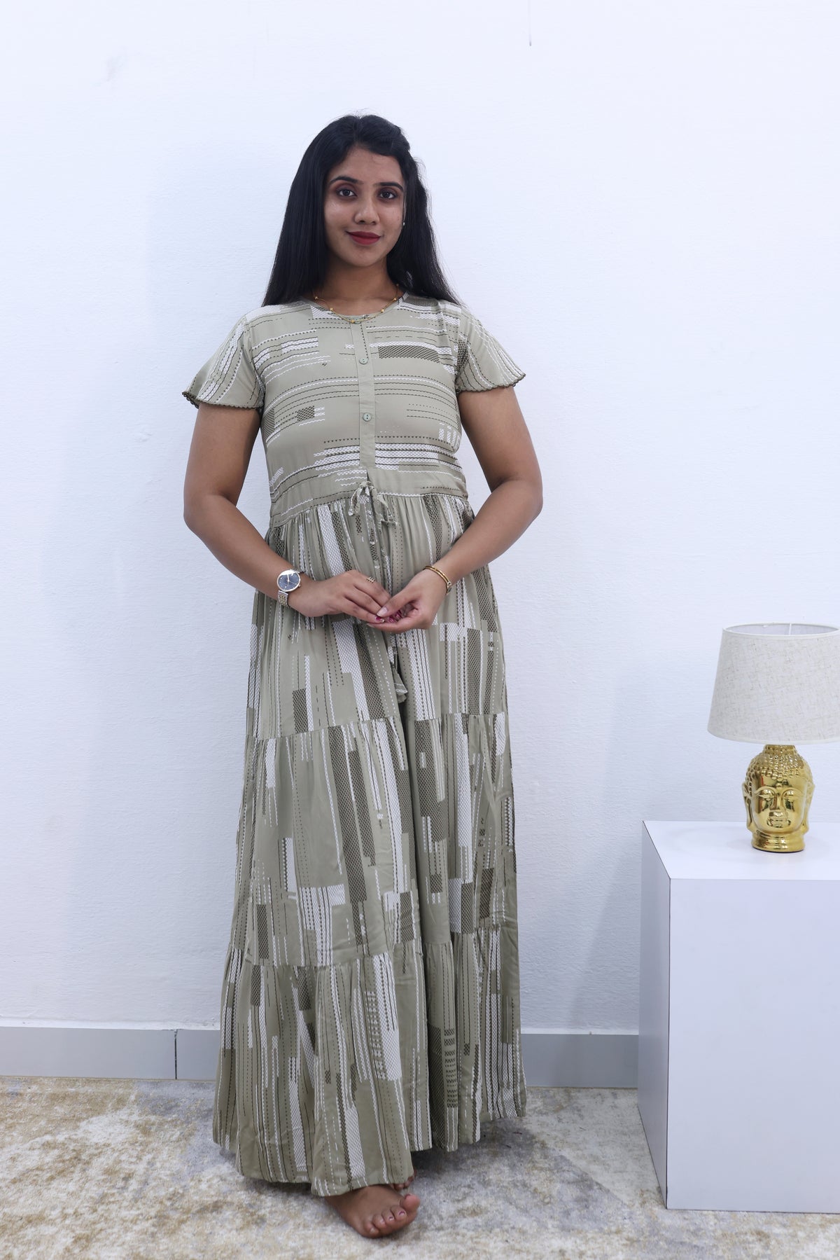 Imported Rayon Gathering Frock Model Night Gown's | Front Adjustable Gathering Style Rope Rope | Front Closed Button | Double Layer Sleeve | Trending Collection's for Stylish Women's (IRF)