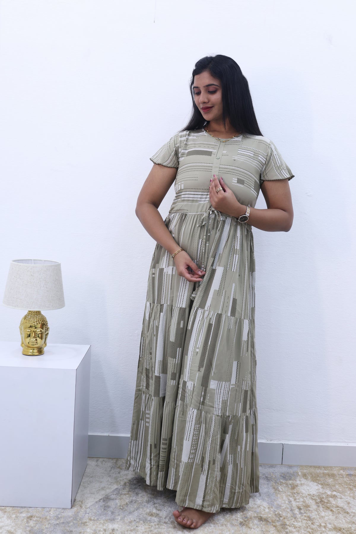 Imported Rayon Gathering Frock Model Night Gown's | Front Adjustable Gathering Style Rope Rope | Front Closed Button | Double Layer Sleeve | Trending Collection's for Stylish Women's (IRF)