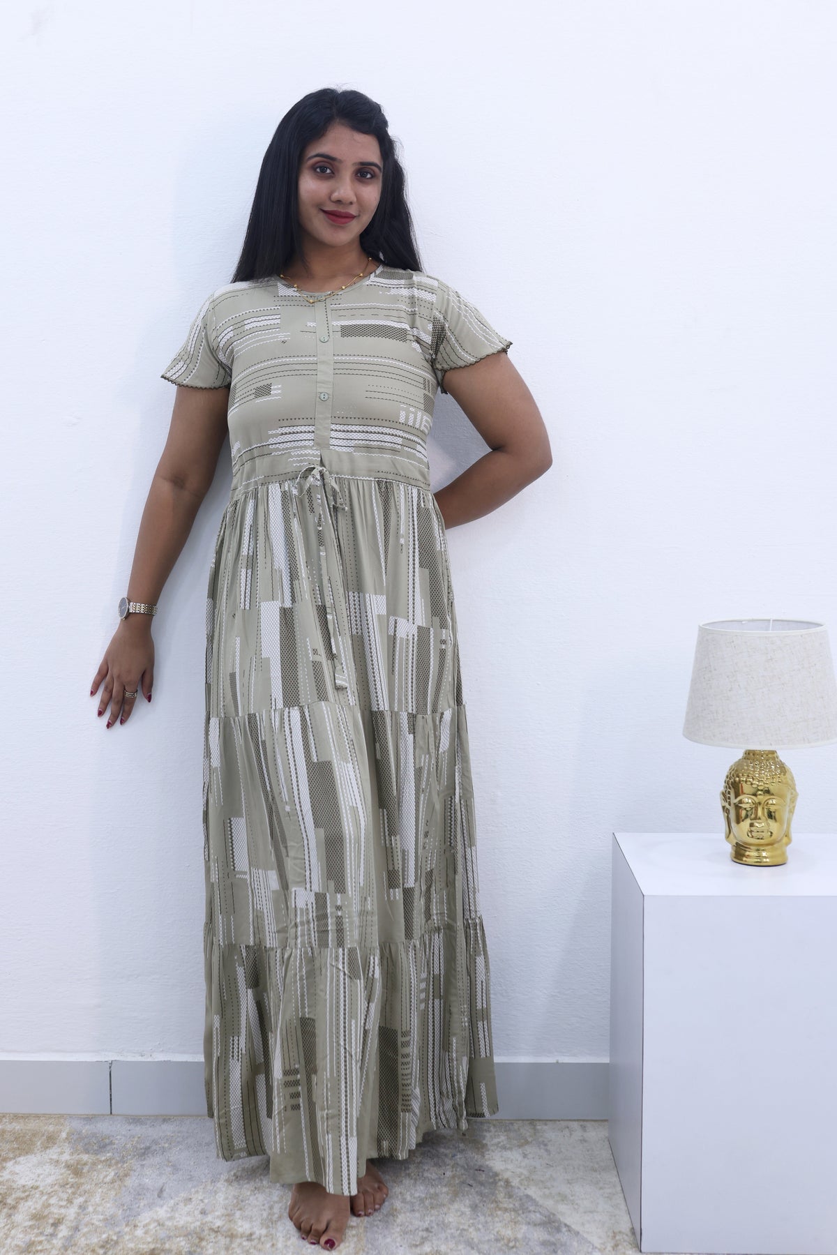 Imported Rayon Gathering Frock Model Night Gown's | Front Adjustable Gathering Style Rope Rope | Front Closed Button | Double Layer Sleeve | Trending Collection's for Stylish Women's (IRF)