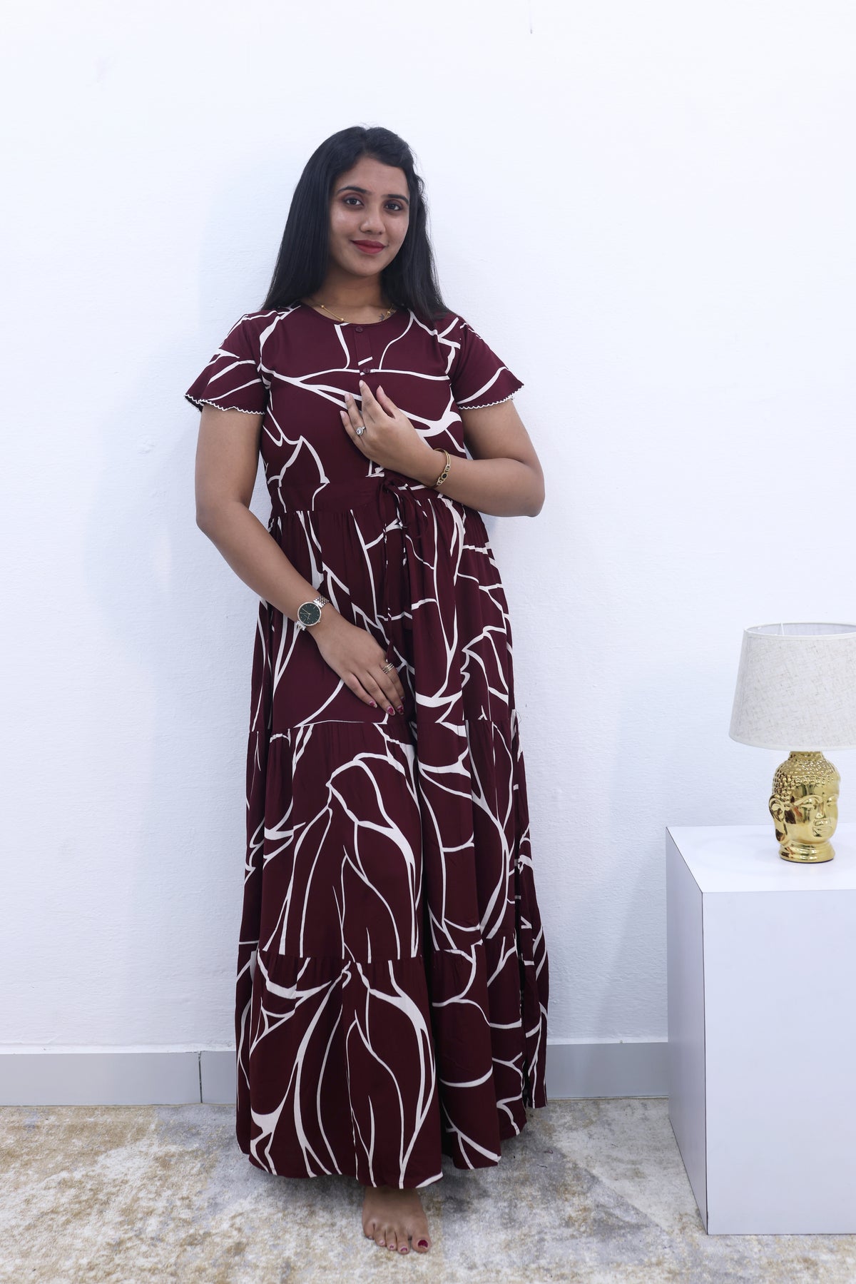 Imported Rayon Gathering Frock Model Night Gown's | Front Adjustable Gathering Style Rope Rope | Front Closed Button | Double Layer Sleeve | Trending Collection's for Stylish Women's (IRF)