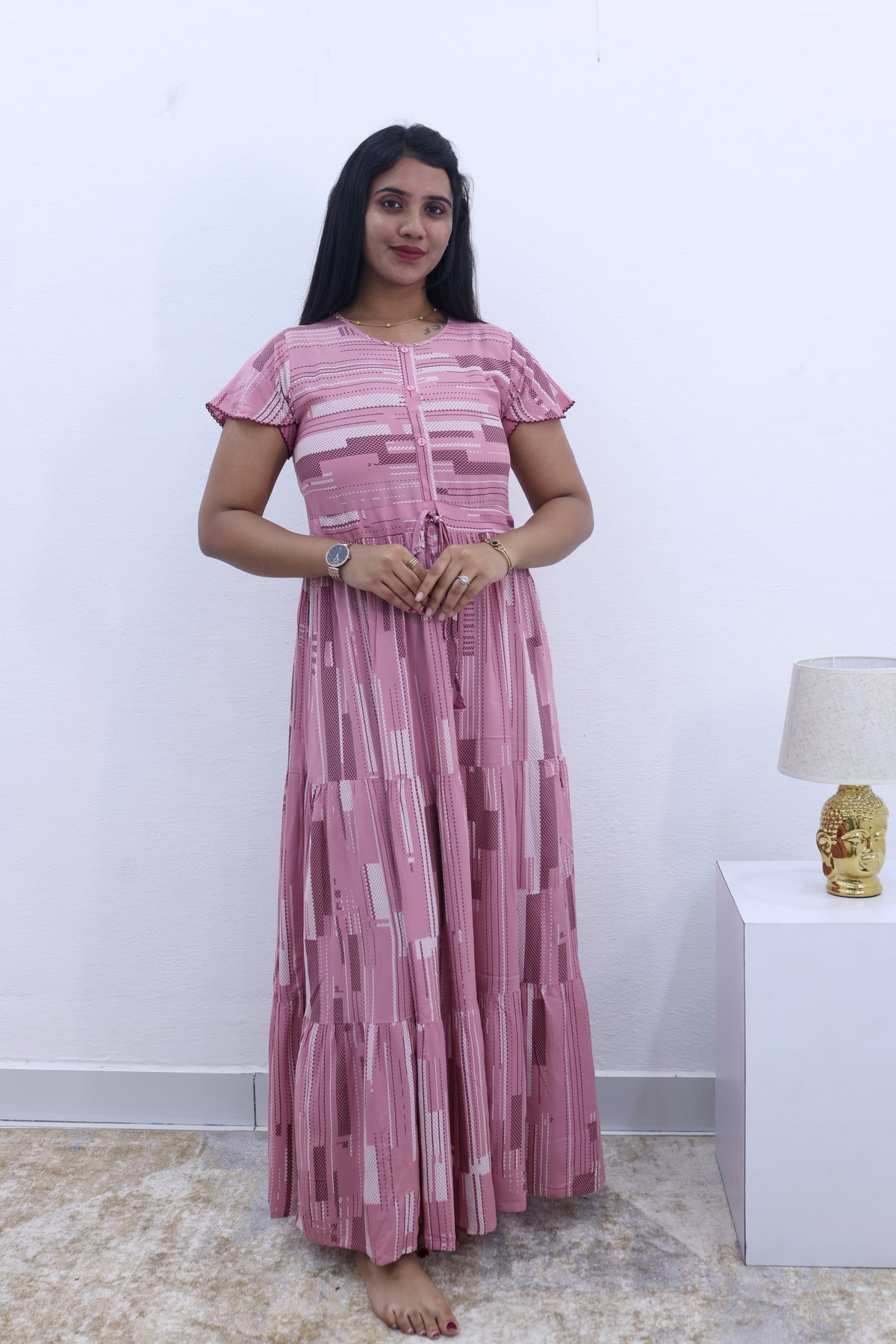 Imported Rayon Gathering Frock Model Night Gown's | Front Adjustable Gathering Style Rope Rope | Front Closed Button | Double Layer Sleeve | Trending Collection's for Stylish Women's (IRF)
