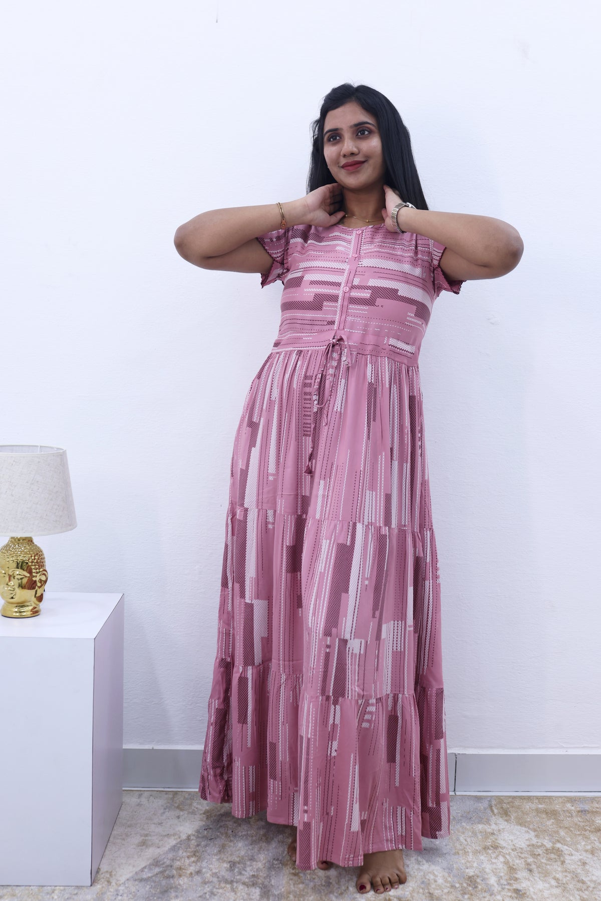 Imported Rayon Gathering Frock Model Night Gown's | Front Adjustable Gathering Style Rope Rope | Front Closed Button | Double Layer Sleeve | Trending Collection's for Stylish Women's (IRF)