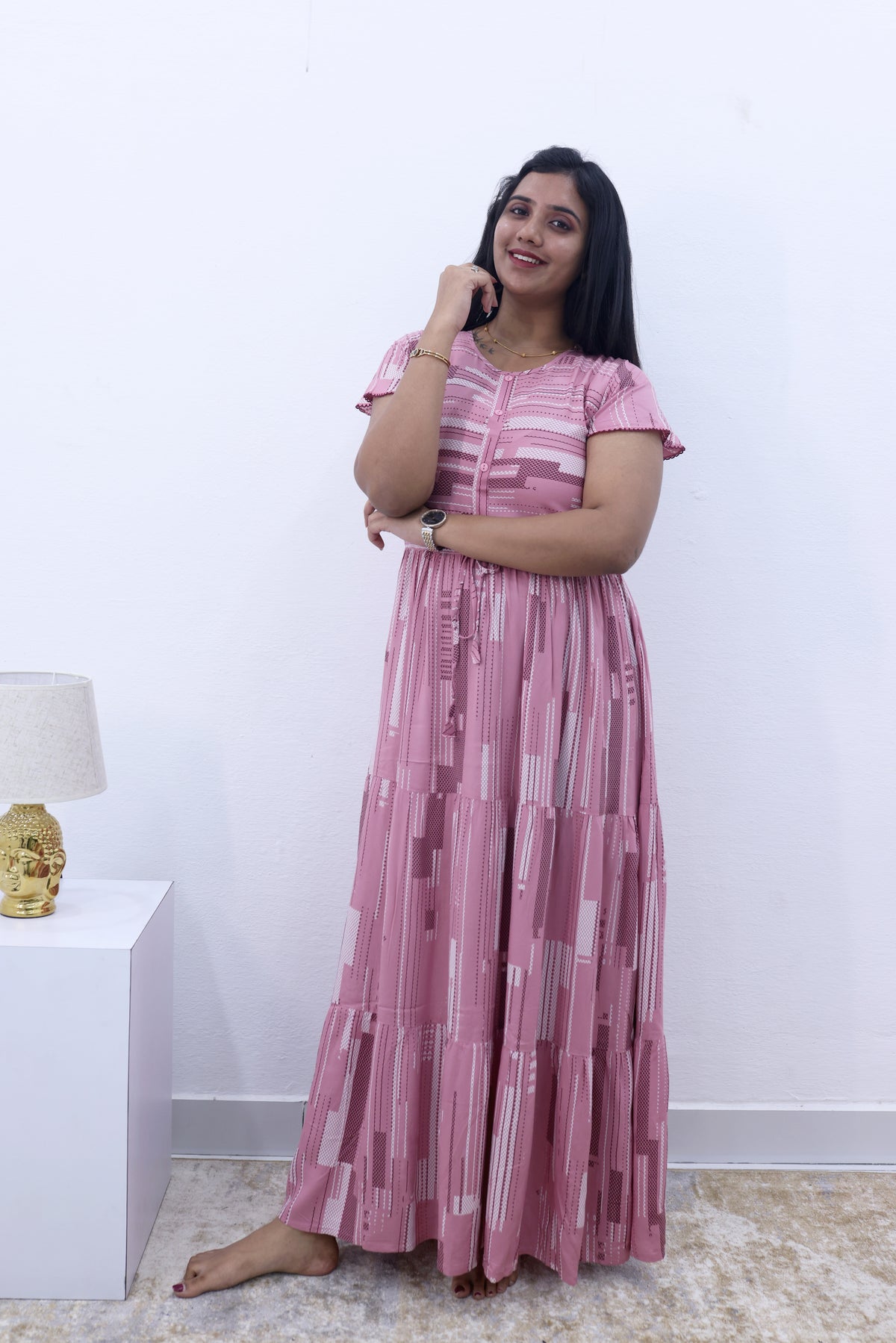 Imported Rayon Gathering Frock Model Night Gown's | Front Adjustable Gathering Style Rope Rope | Front Closed Button | Double Layer Sleeve | Trending Collection's for Stylish Women's (IRF)