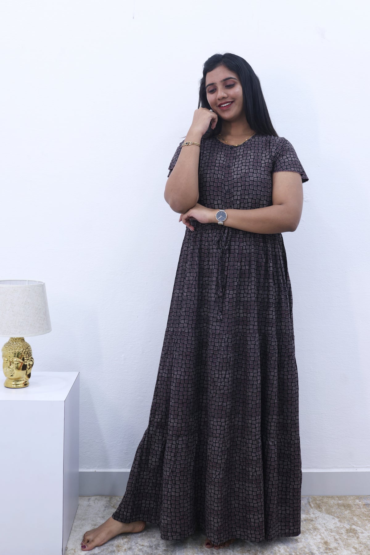Imported Rayon Gathering Frock Model Night Gown's | Front Adjustable Gathering Style Rope Rope | Front Closed Button | Double Layer Sleeve | Trending Collection's for Stylish Women's (IRF)