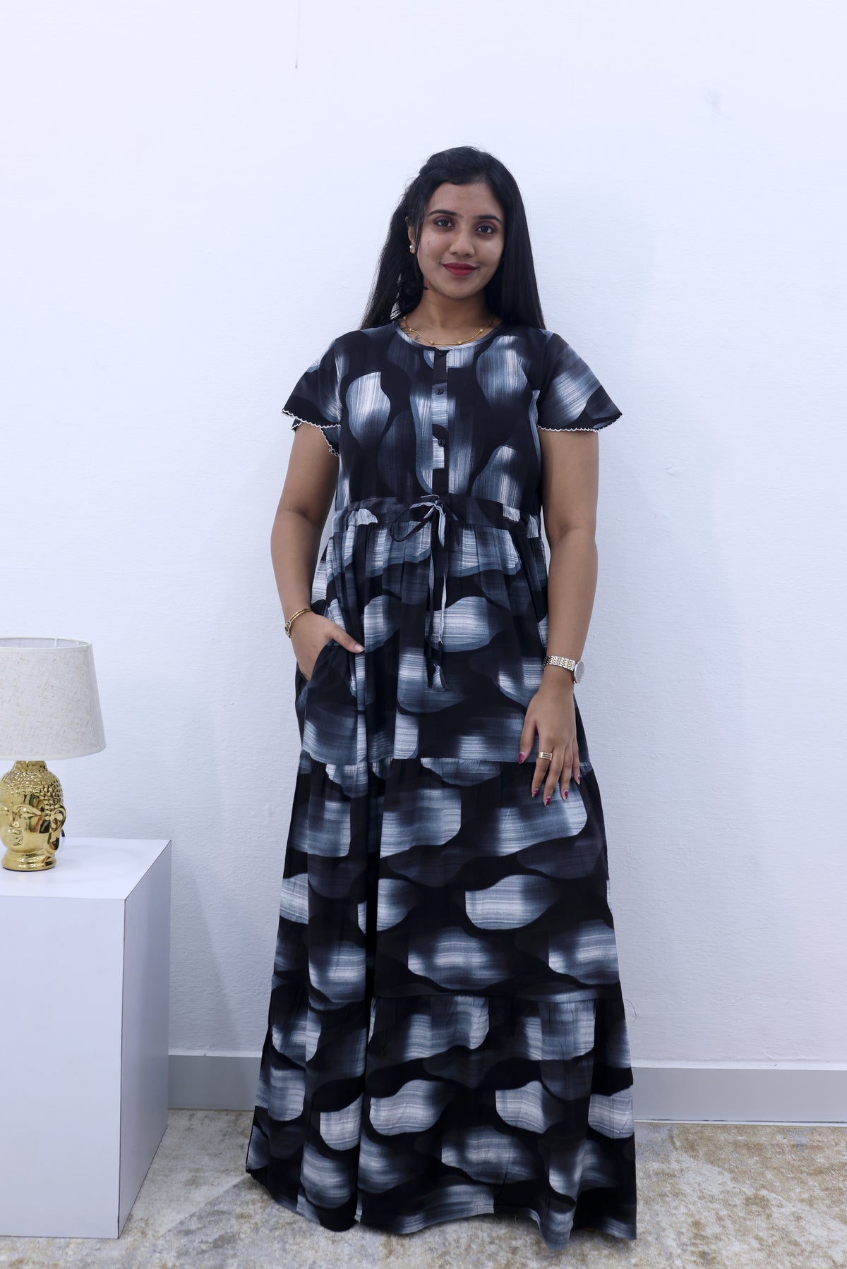 Imported Rayon Gathering Frock Model Night Gown's | Front Adjustable Gathering Style Rope Rope | Front Closed Button | Double Layer Sleeve | Trending Collection's for Stylish Women's (IRF)