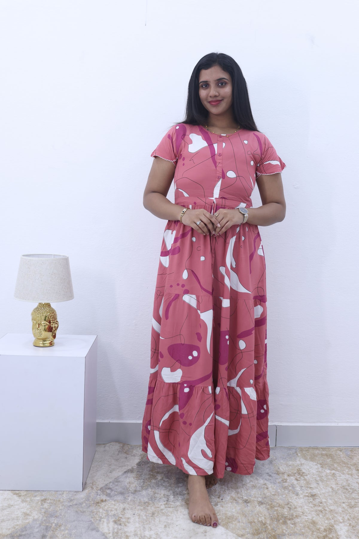 Imported Rayon Gathering Frock Model Night Gown's | Front Adjustable Gathering Style Rope Rope | Front Closed Button | Double Layer Sleeve | Trending Collection's for Stylish Women's (IRF)