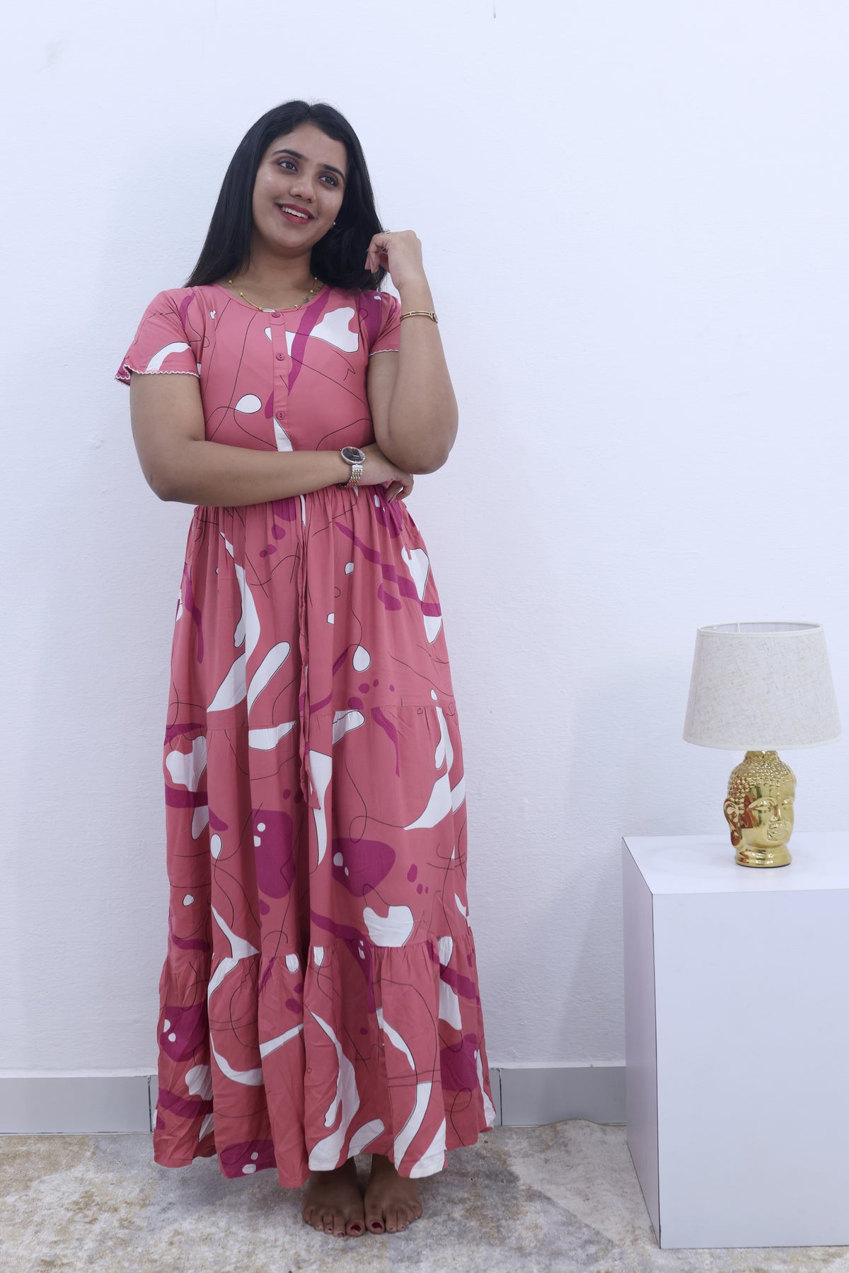 Imported Rayon Gathering Frock Model Night Gown's | Front Adjustable Gathering Style Rope Rope | Front Closed Button | Double Layer Sleeve | Trending Collection's for Stylish Women's (IRF)