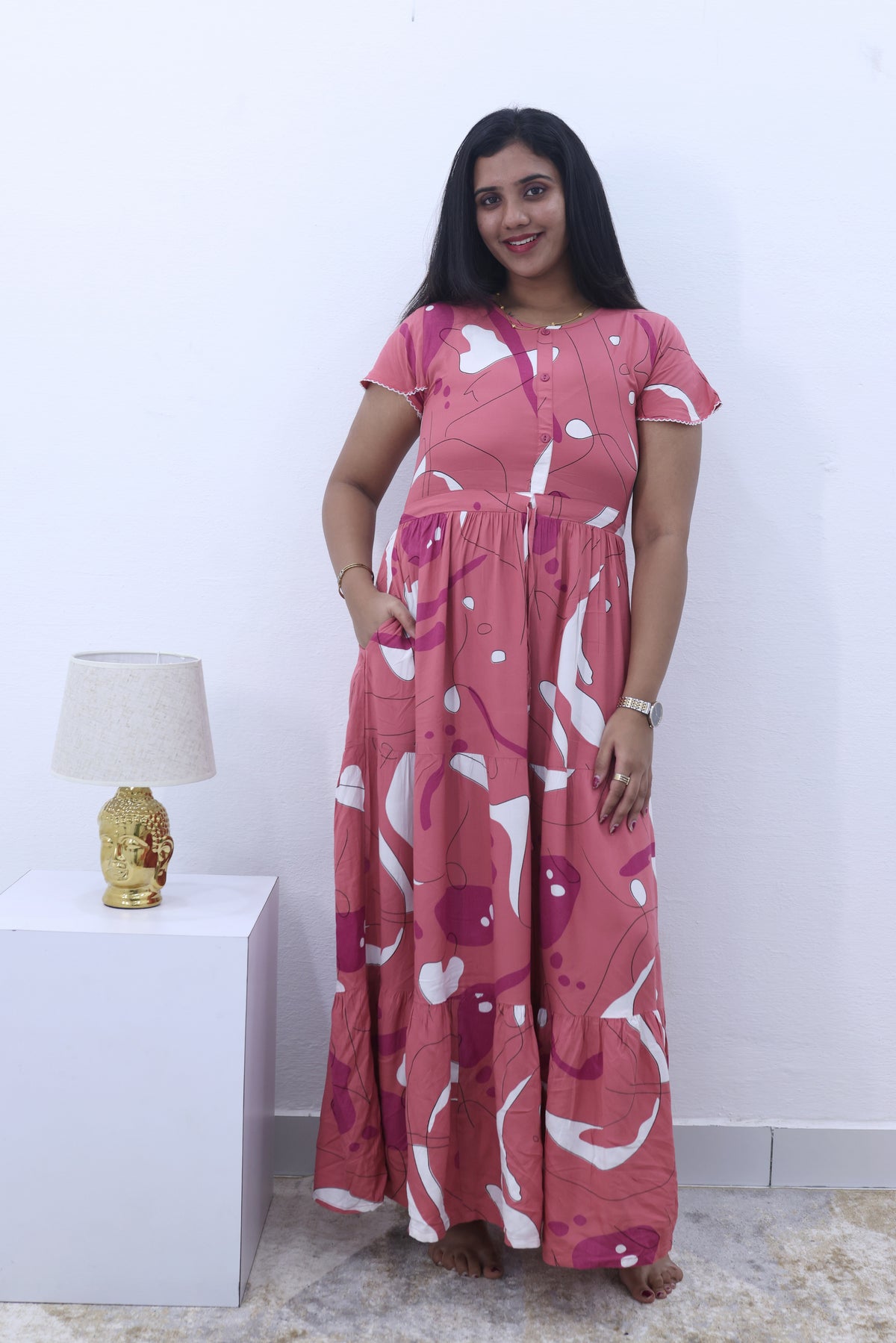 Imported Rayon Gathering Frock Model Night Gown's | Front Adjustable Gathering Style Rope Rope | Front Closed Button | Double Layer Sleeve | Trending Collection's for Stylish Women's (IRF)